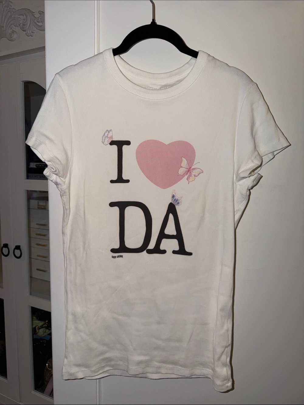 Djerf Avenue White Tee with Pink Heart & Butterfly Accents